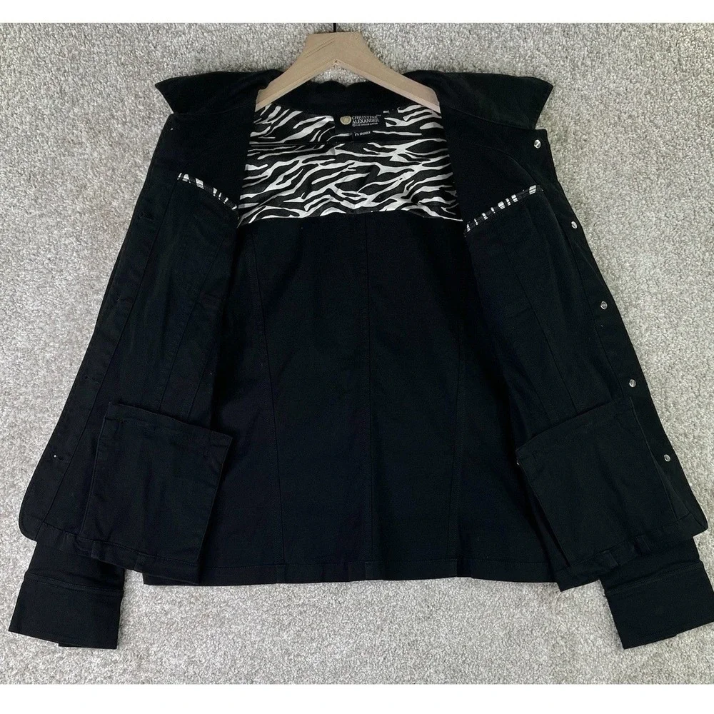 Christine Alexander Jacket Women's L Black Rhinestone‎ Button Zebra Trim Cotton